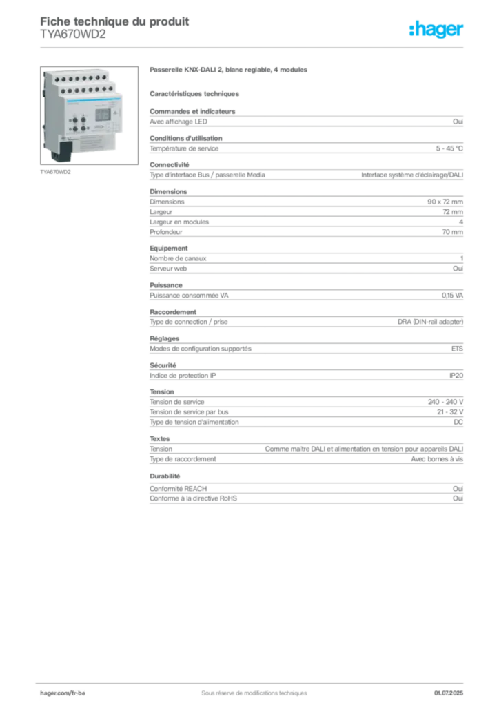Image Hager Fiche technique du produit TYA670WD2 | Hager Belgique