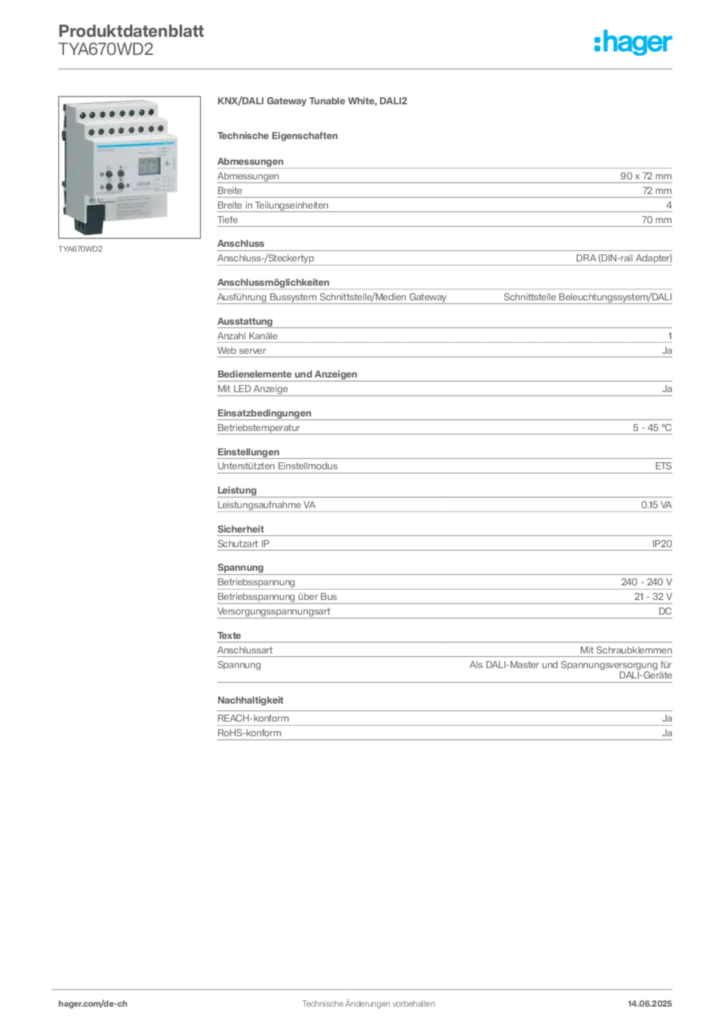 Bild Hager Produktdatenblatt TYA670WD2 | Hager Schweiz