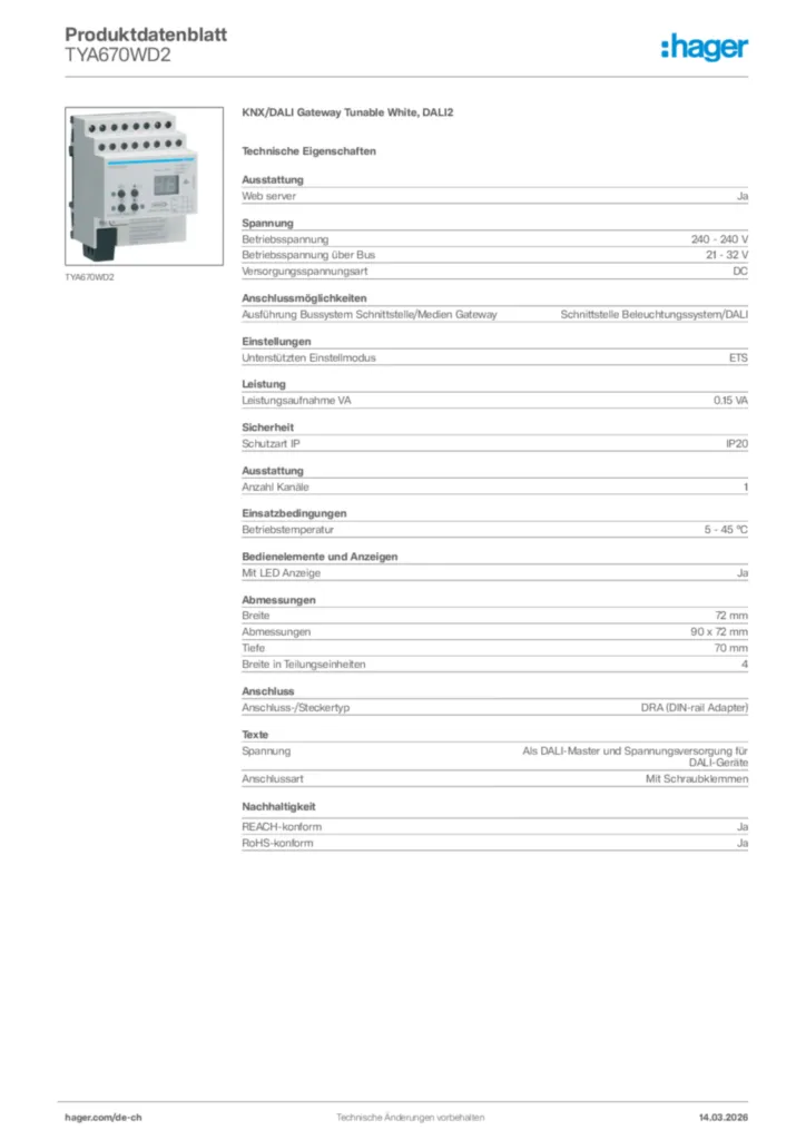 Bild Hager Produktdatenblatt TYA670WD2 | Hager Schweiz