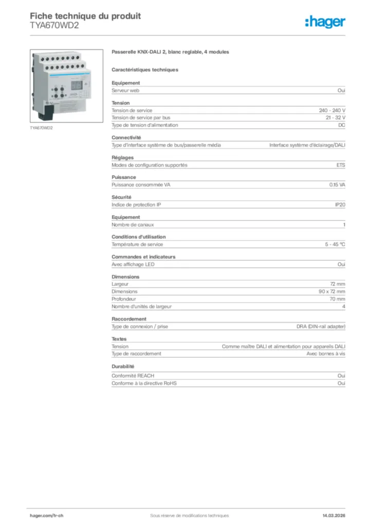 Image Hager Fiche technique du produit TYA670WD2 | Hager Suisse