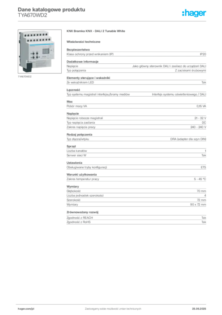 Zdjęcie Hager Karta katalogowa TYA670WD2 | Hager Polska