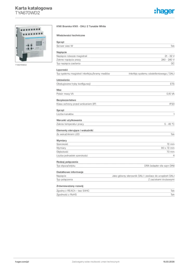 Zdjęcie Hager Karta katalogowa TYA670WD2 | Hager Polska