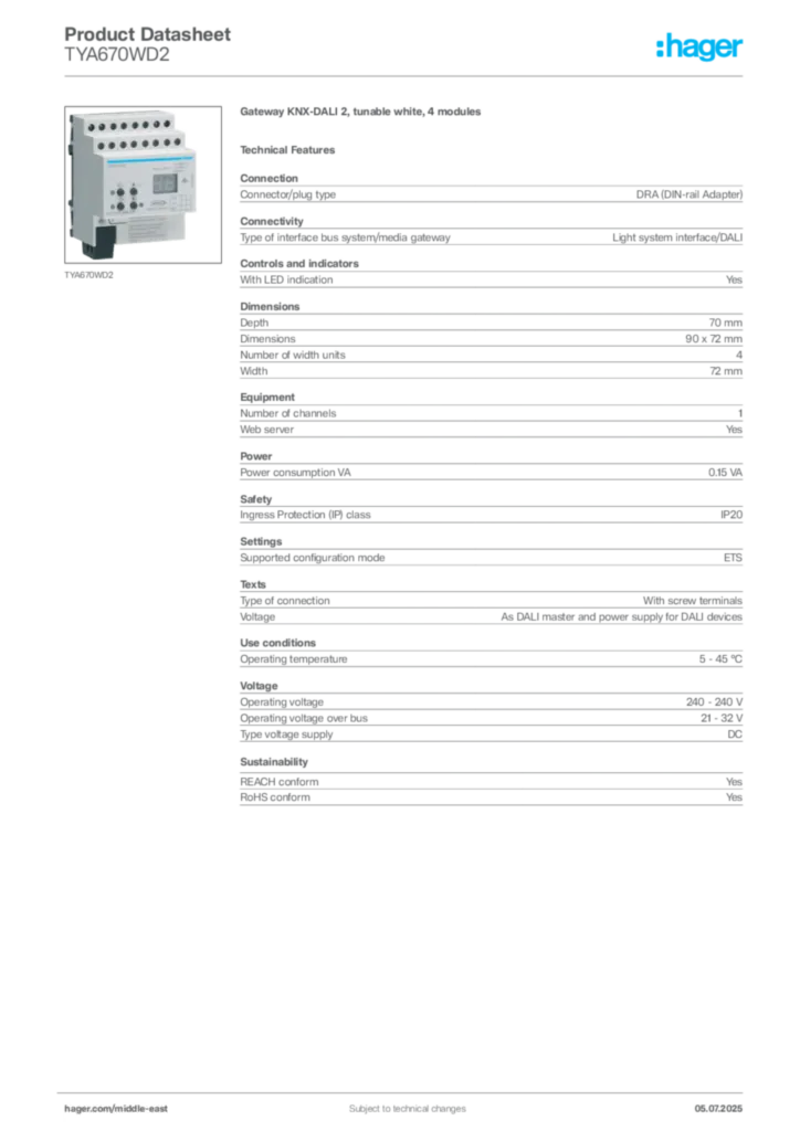 Image Hager Product data sheet TYA670WD2  | Hager