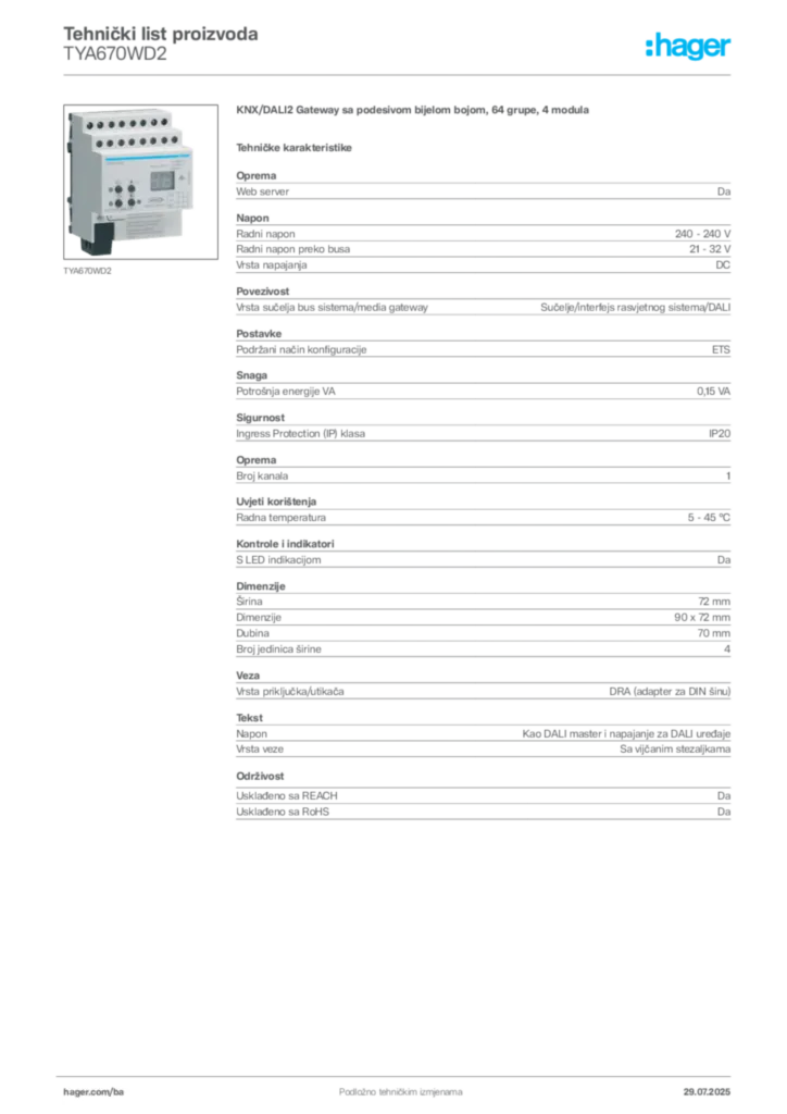 Slika Hager Product data sheet TYA670WD2  | Hager