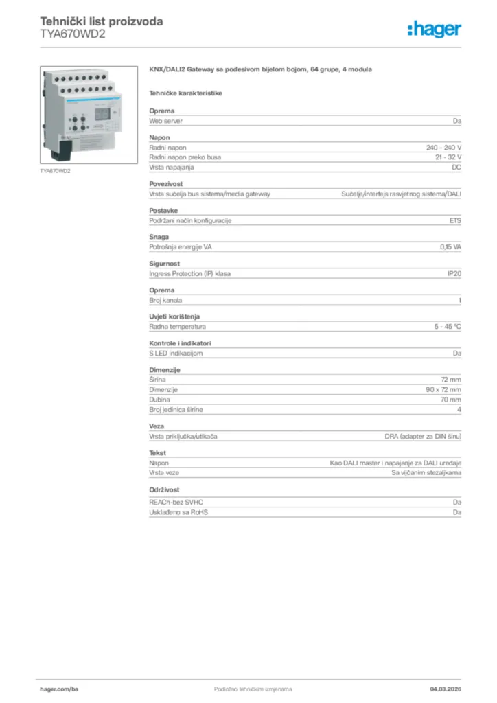 Slika Hager Tehnički list proizvoda TYA670WD2  | Hager
