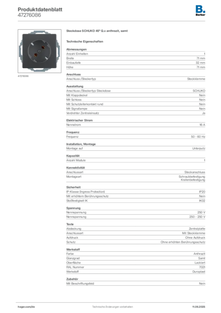 Bild Berker Produktdatenblatt 47276086 | Hager Deutschland