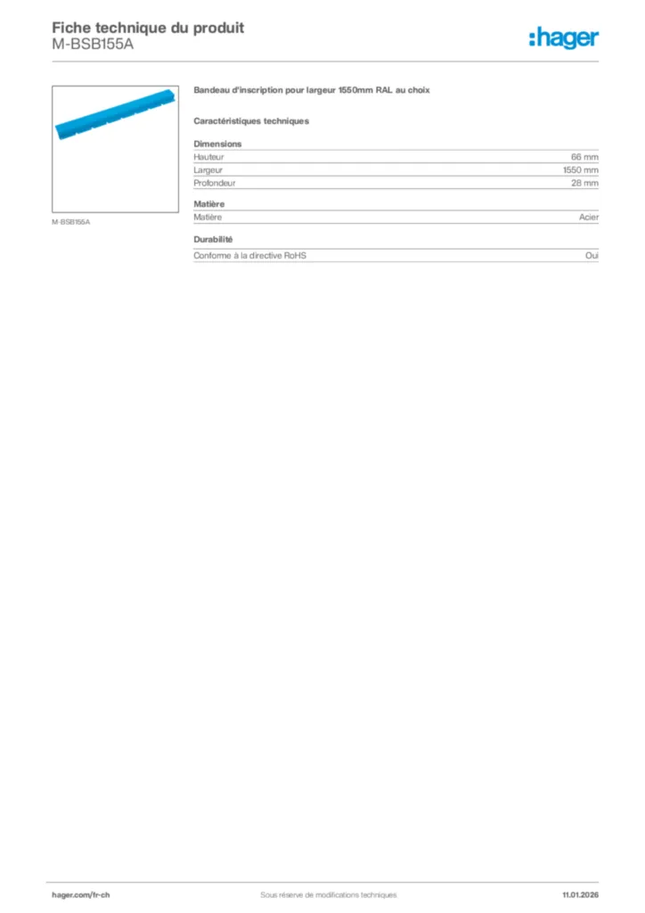 Image Hager Fiche technique du produit M-BSB155A | Hager Suisse
