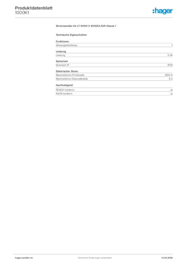 Bild Hager Produktdatenblatt 1000K1 | Hager Schweiz