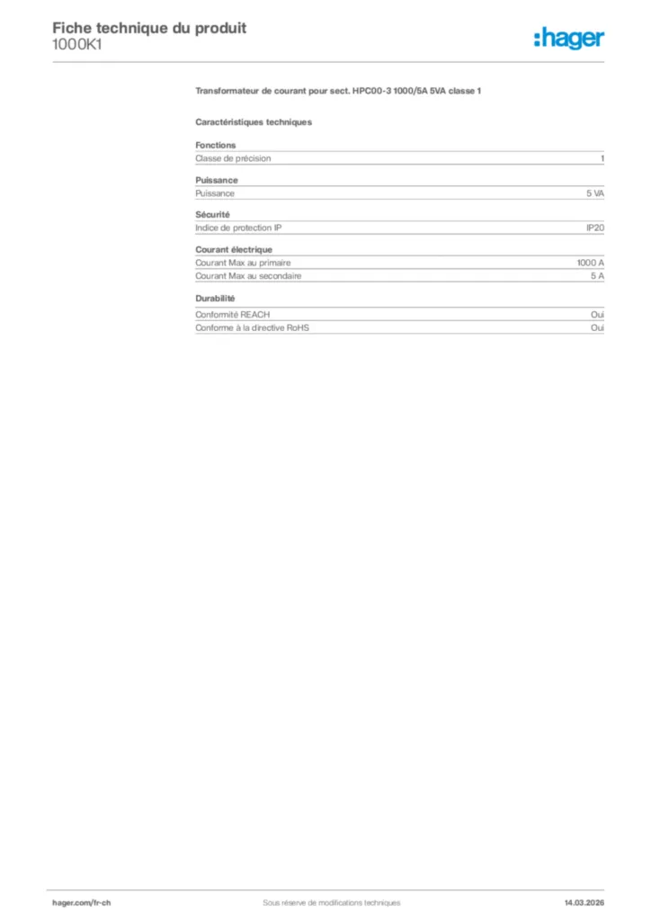 Image Hager Fiche technique du produit 1000K1 | Hager Suisse