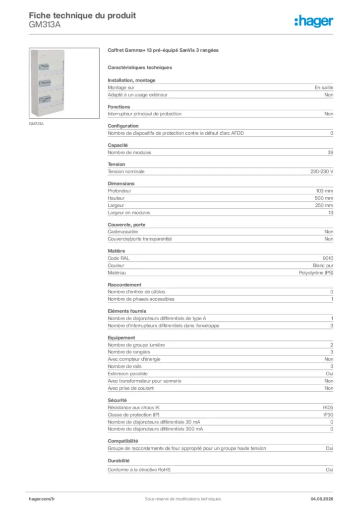 Image Hager Fiche technique du produit GM313A | Hager France
