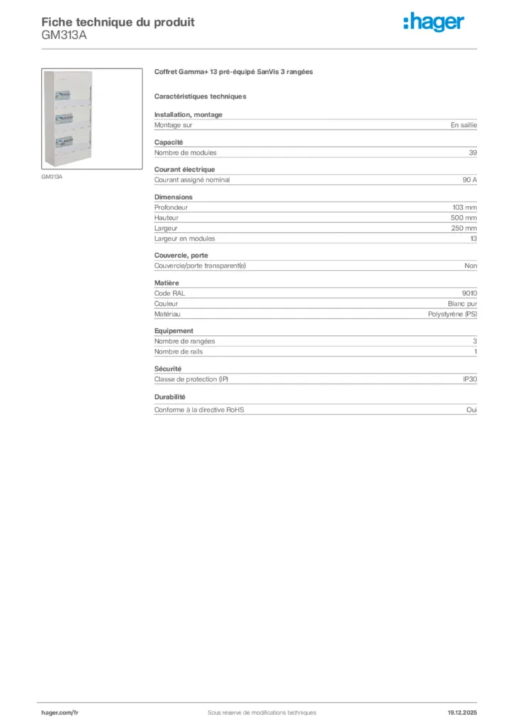 Image Hager Fiche technique du produit GM313A | Hager France