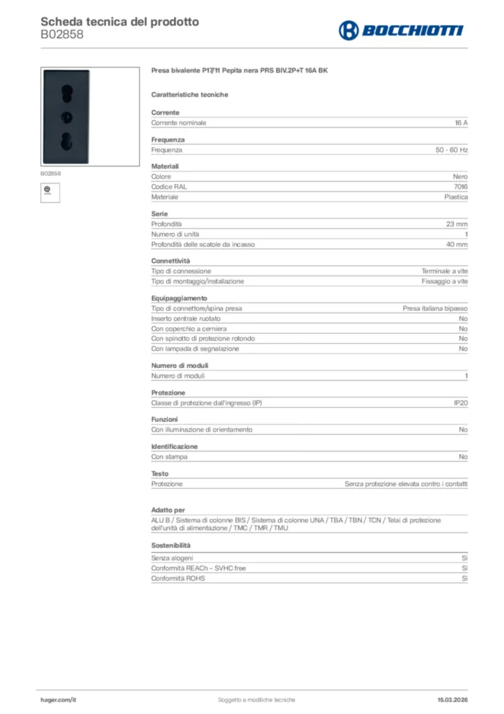 Immagine Bocchiotti Scheda tecnica del prodotto B02858 | Hager Italia