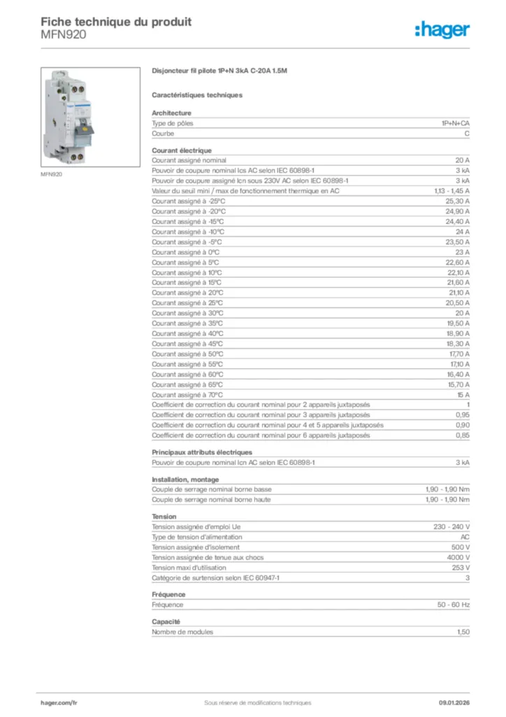 Image Hager Fiche technique du produit MFN920 | Hager France