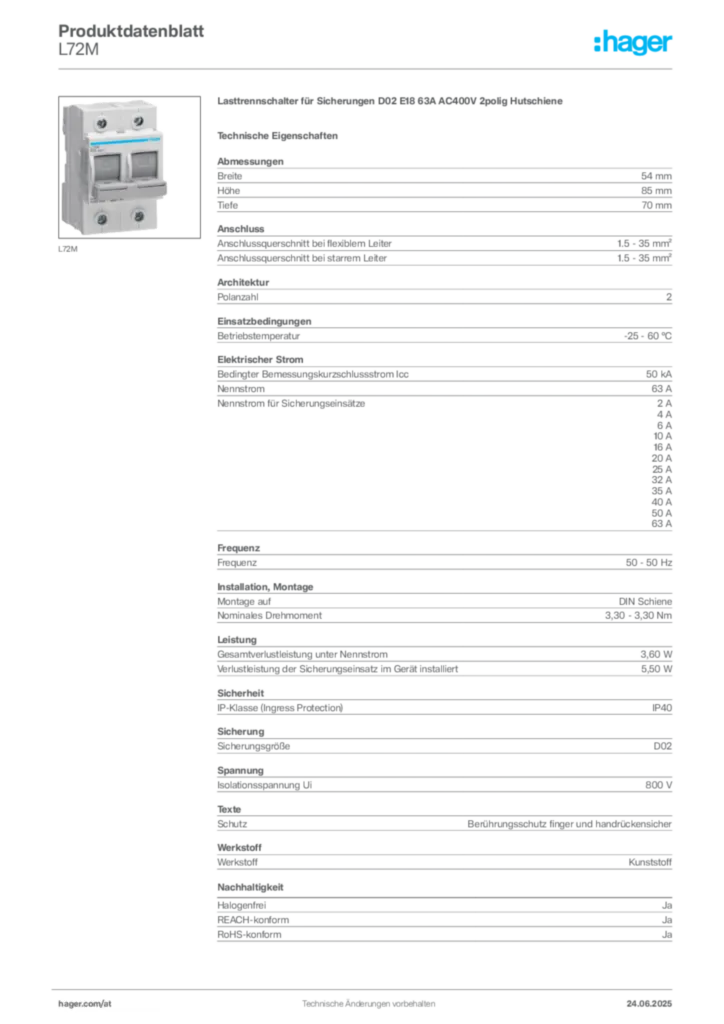 Bild Hager Produktdatenblatt L72M | Hager Deutschland