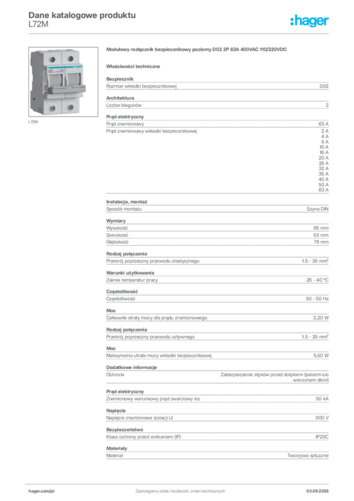 Zdjęcie Hager Karta katalogowa L72M | Hager Polska