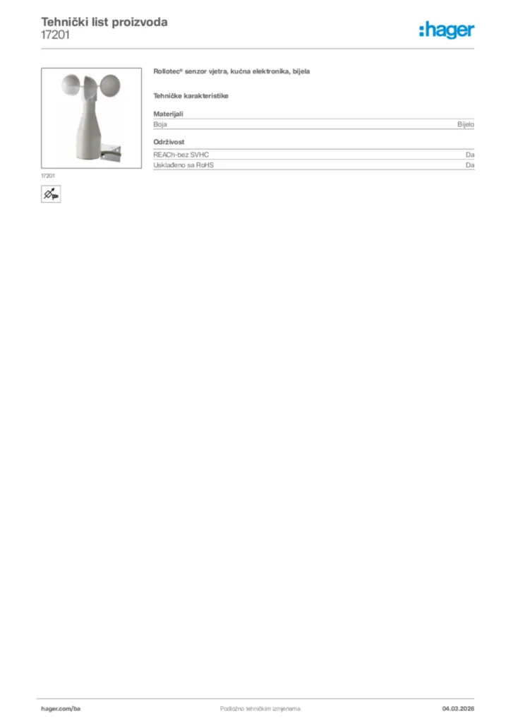 Slika Hager Tehnički list proizvoda 17201  | Hager