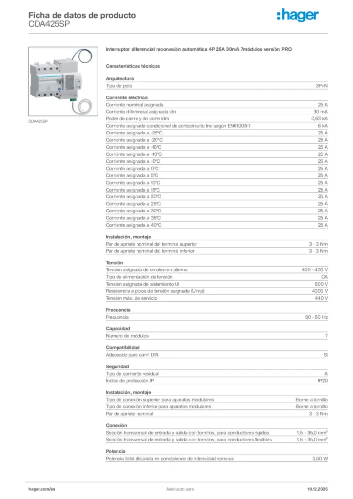Imagen Hager Ficha de datos de producto CDA425SP | Hager España