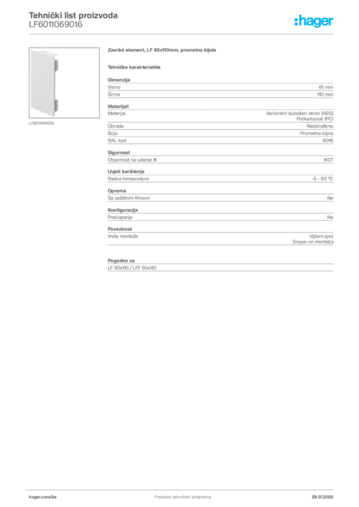 Slika Hager Product data sheet LF6011069016  | Hager