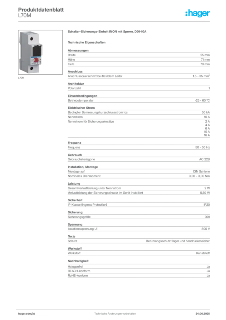 Bild Hager Produktdatenblatt L70M | Hager Deutschland