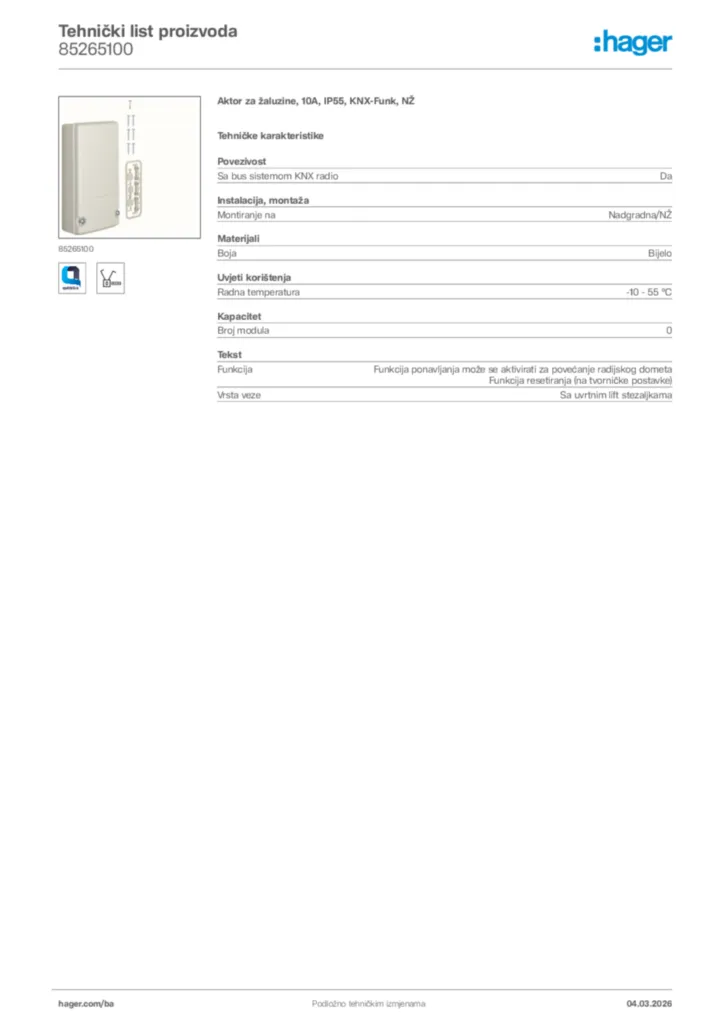Slika Hager Tehnički list proizvoda 85265100  | Hager