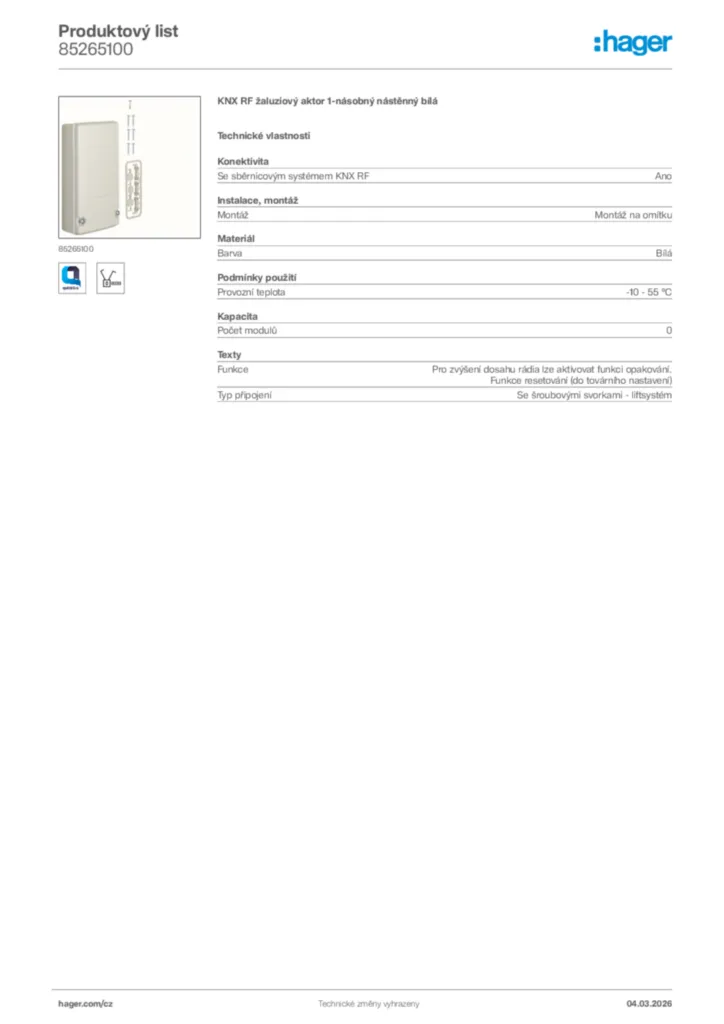 Obrázek Hager Product data sheet 85265100 | Hager