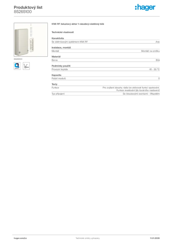 Obrázek Hager Product data sheet 85265100 | Hager