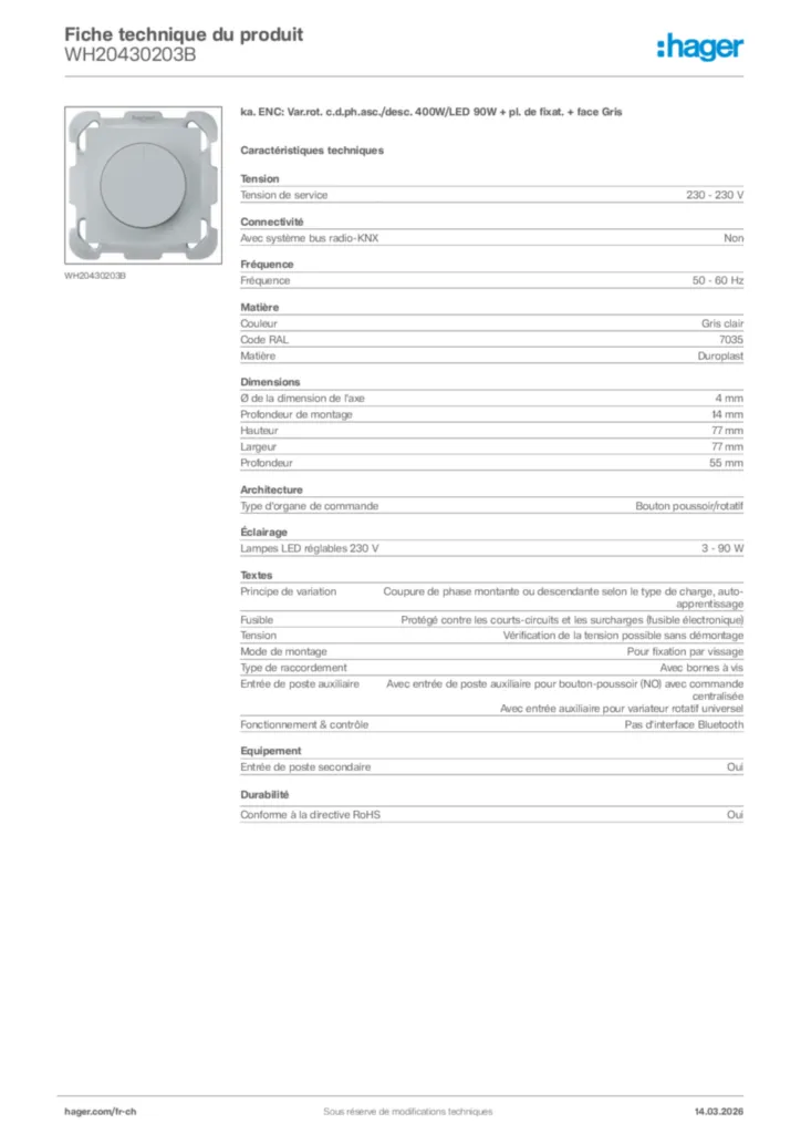Image Hager Fiche technique du produit WH20430203B | Hager Suisse