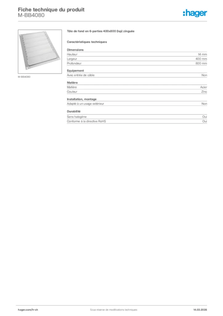 Image Hager Fiche technique du produit M-BB4080 | Hager Suisse