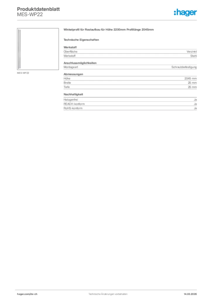 Bild Hager Produktdatenblatt MES-WP22 | Hager Schweiz
