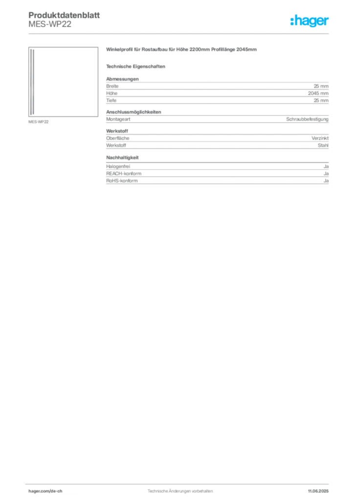 Bild Hager Produktdatenblatt MES-WP22 | Hager Schweiz