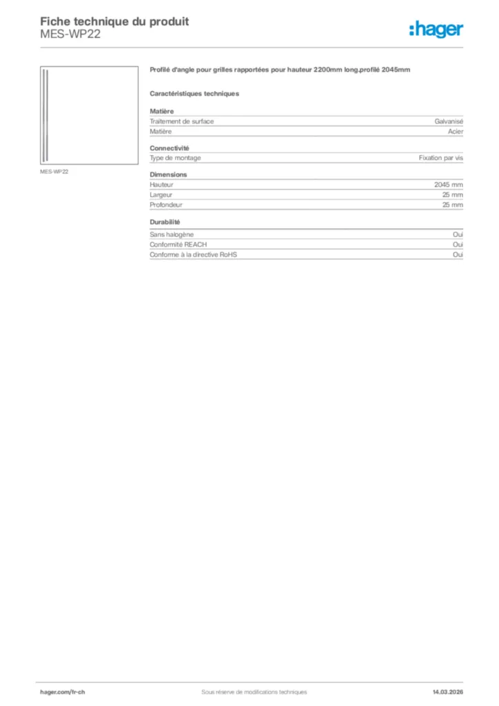 Image Hager Fiche technique du produit MES-WP22 | Hager Suisse