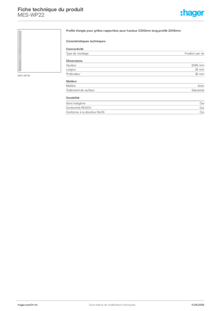 Image Hager Fiche technique du produit MES-WP22 | Hager Suisse