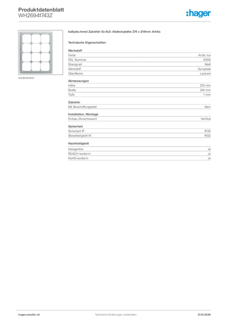 Bild Hager Produktdatenblatt WH26941743Z | Hager Schweiz