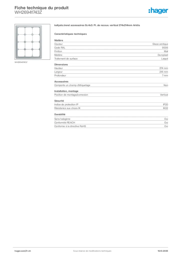 Image Hager Fiche technique du produit WH26941743Z | Hager Suisse