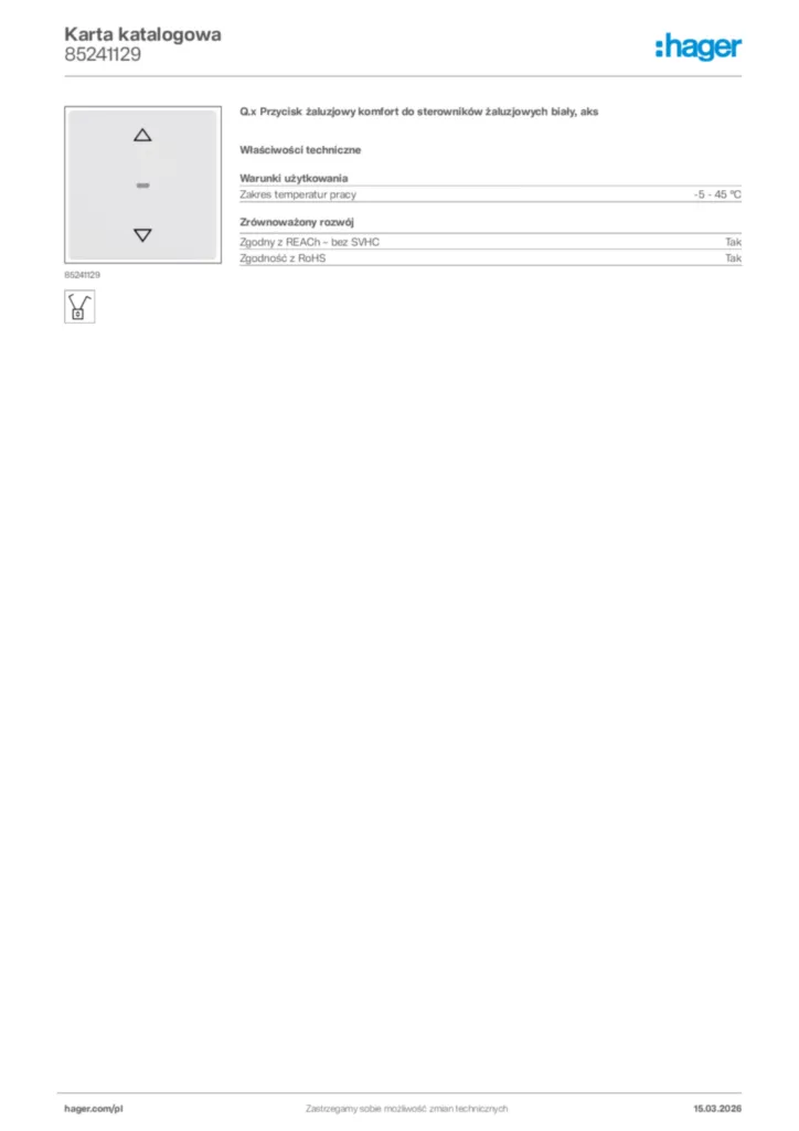 Zdjęcie Hager Karta katalogowa 85241129 | Hager Polska