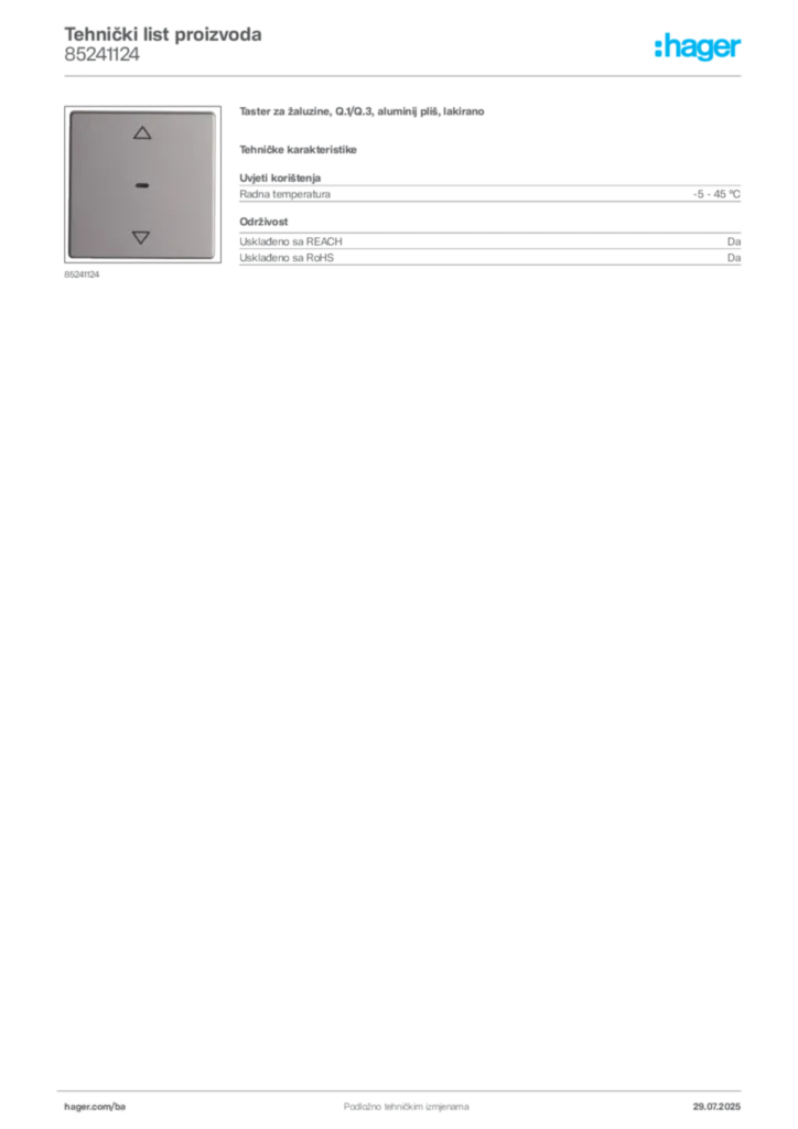 Slika Hager Product data sheet 85241124  | Hager