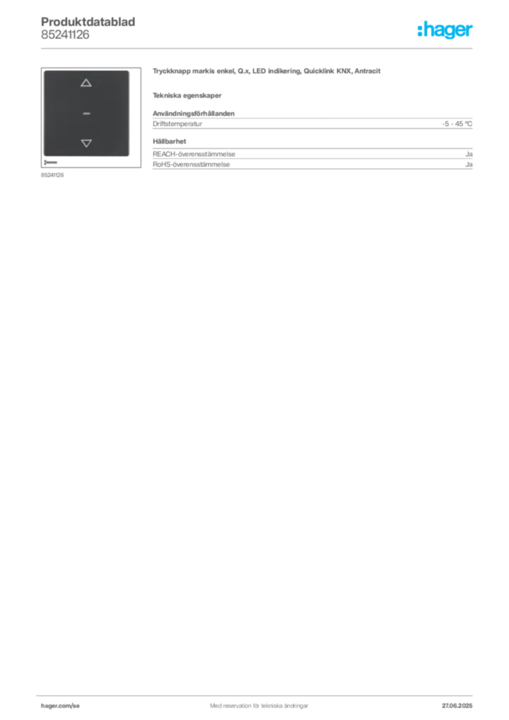 Bild Hager Produktdatablad 85241126 | Hager Sverige