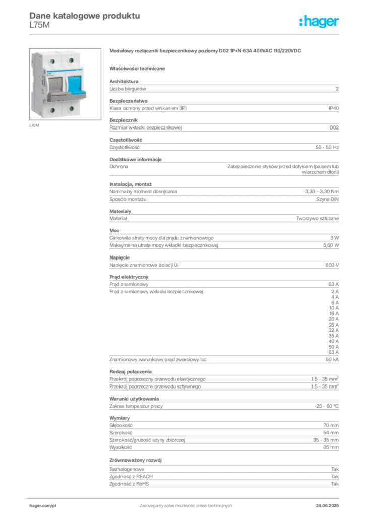 Zdjęcie Hager Karta katalogowa L75M | Hager Polska