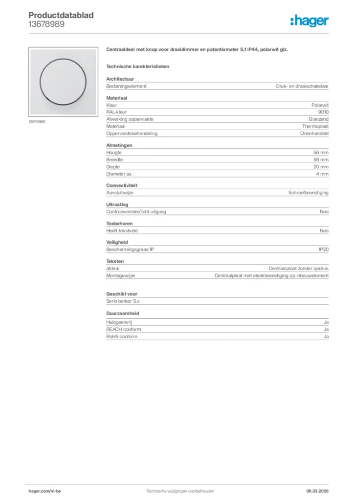 Afbeelding Hager Productdatablad 13678989 | Hager Belgium