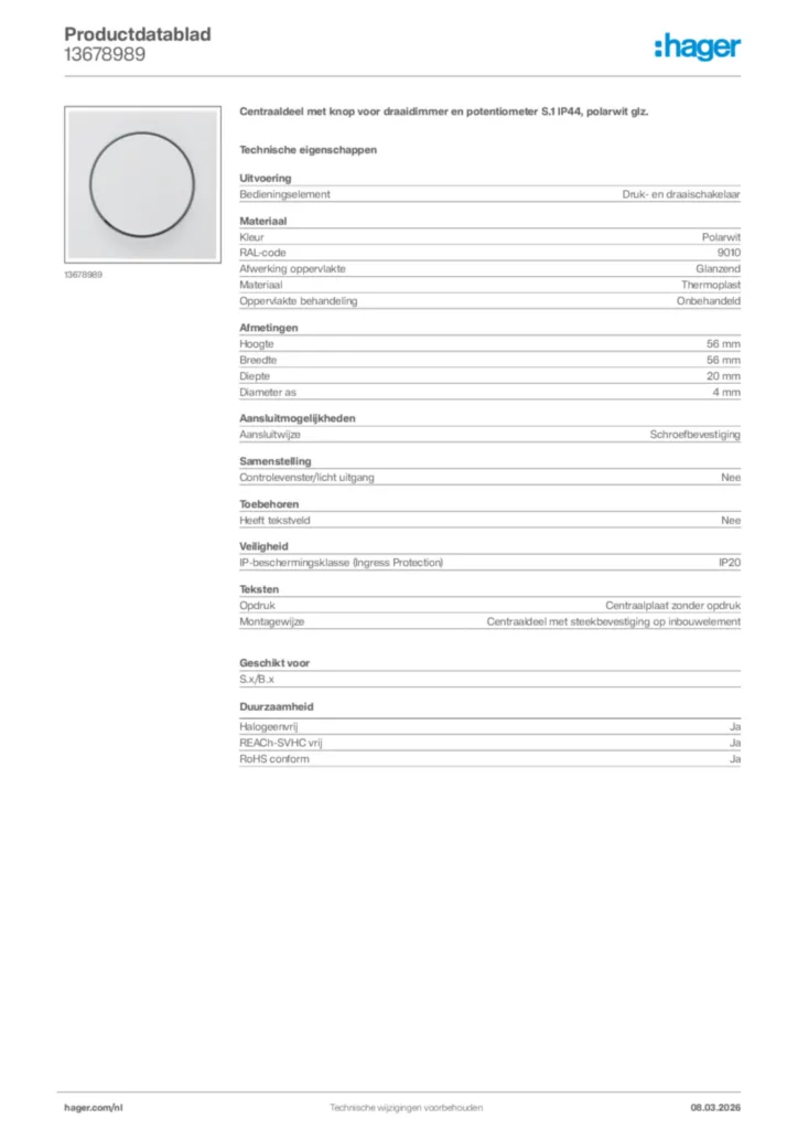 Afbeelding Hager Productdatablad 13678989 | Hager Nederland