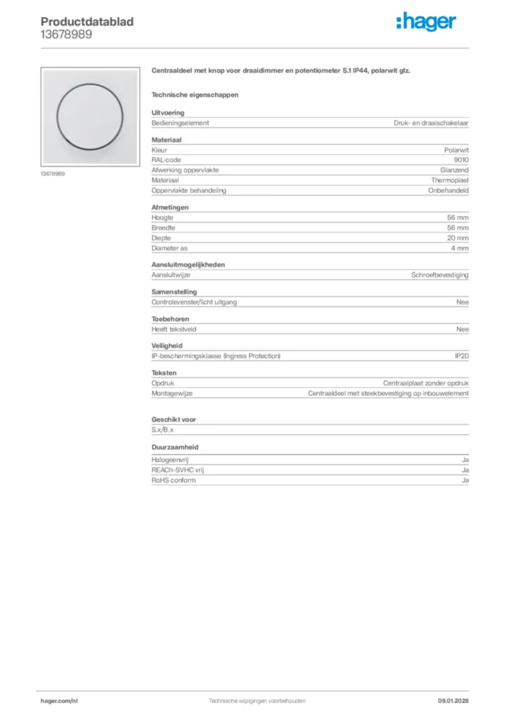 Afbeelding Hager Productdatablad 13678989 | Hager Nederland