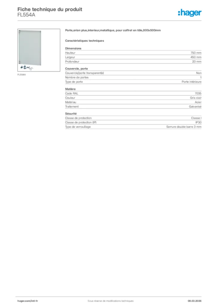 Image Hager Fiche technique du produit FL554A | Hager Afrique