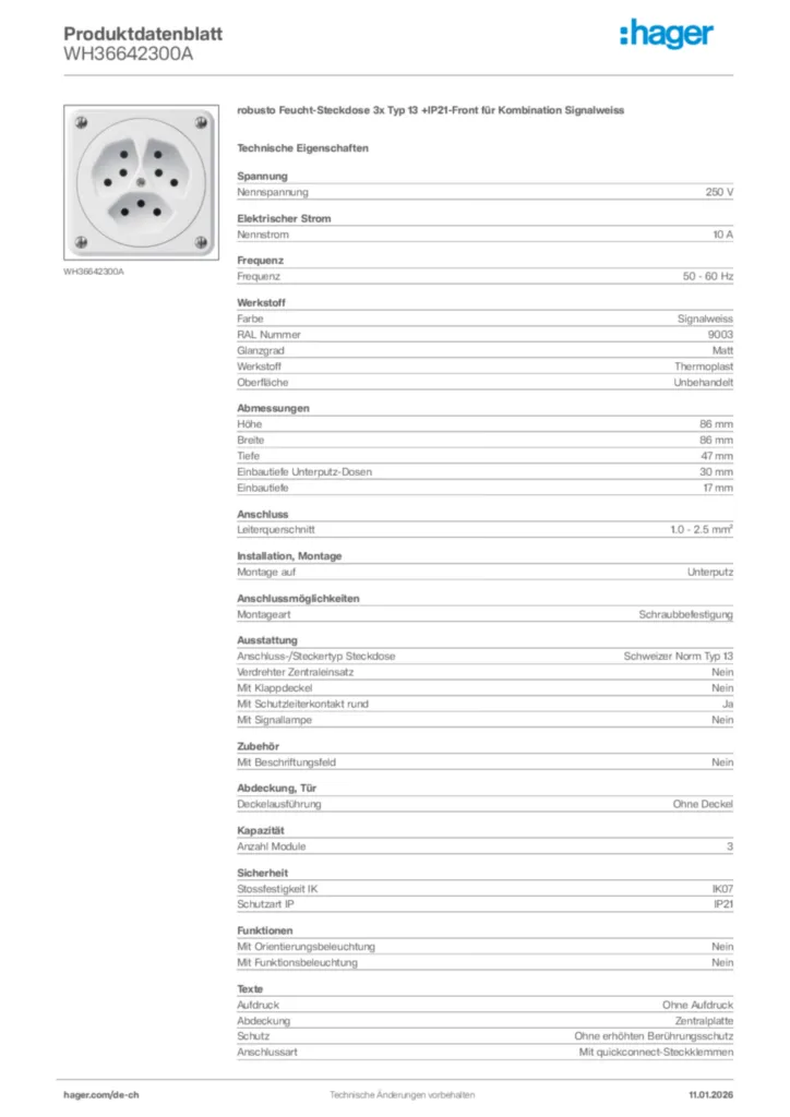 Bild Hager Produktdatenblatt WH36642300A | Hager Schweiz