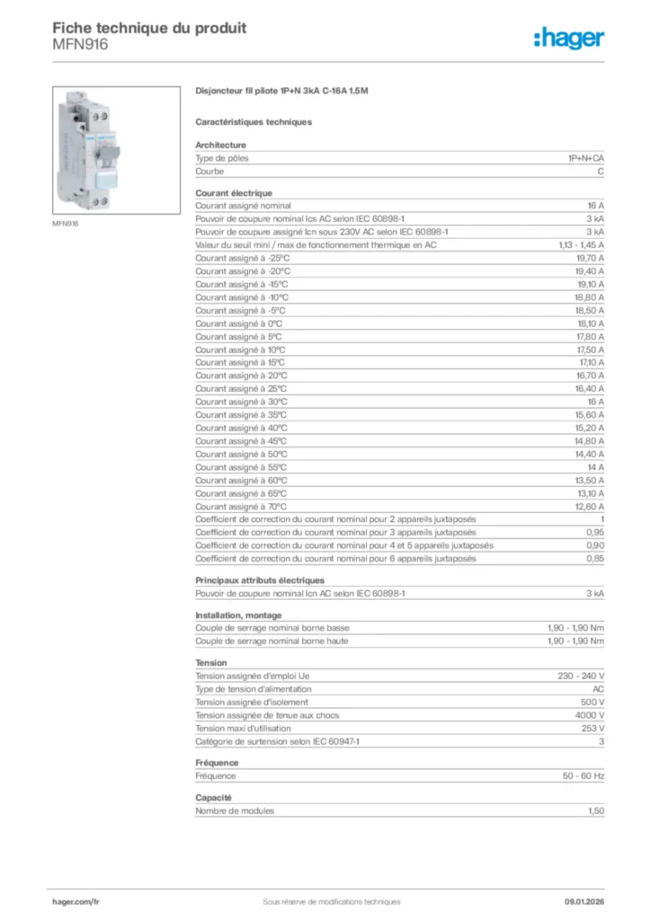 Image Hager Fiche technique du produit MFN916 | Hager France