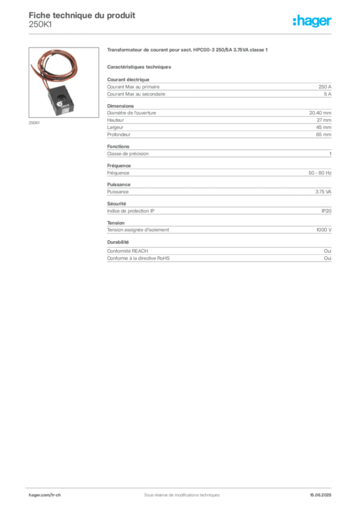 Image Hager Fiche technique du produit 250K1 | Hager Suisse
