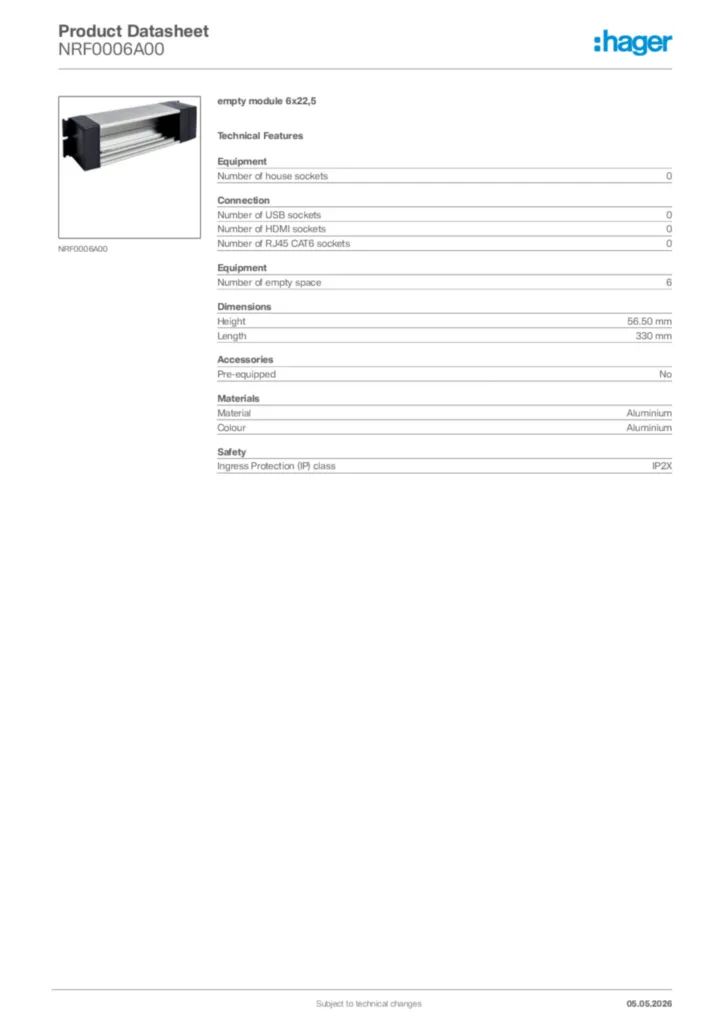 Image Hager Product data sheet NRF0006A00  | Hager Africa