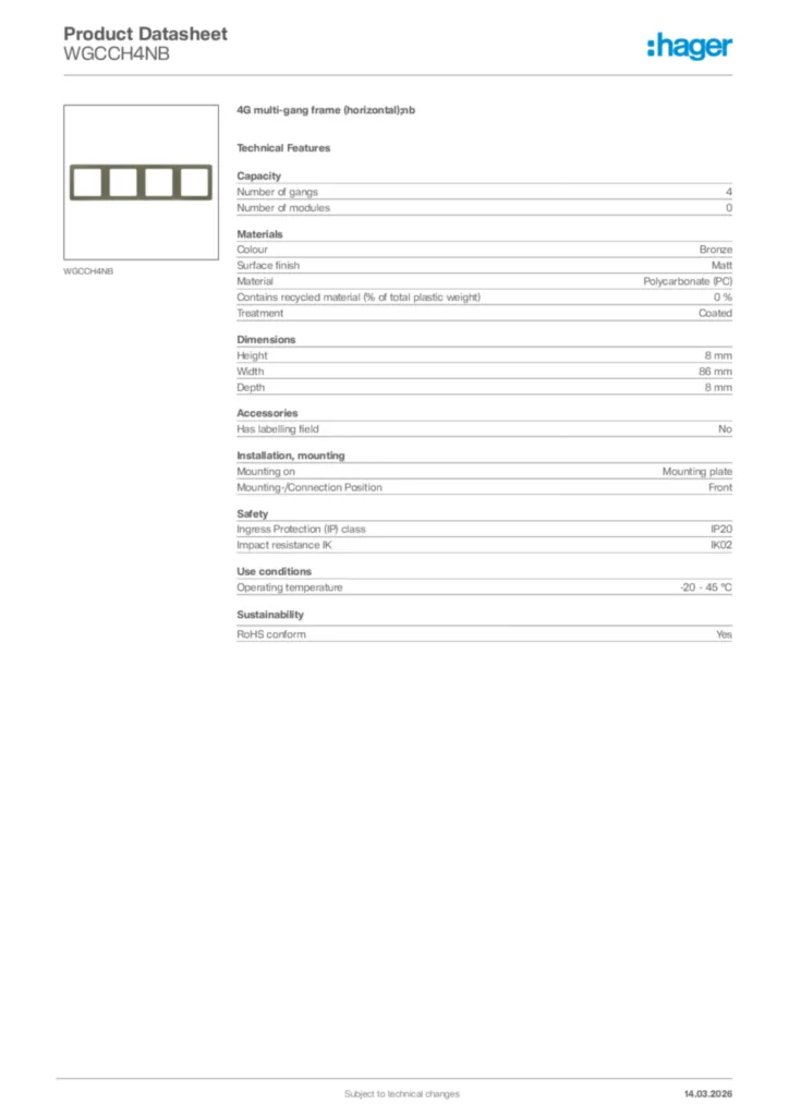 Image Hager Product data sheet WGCCH4NB  | Hager Africa