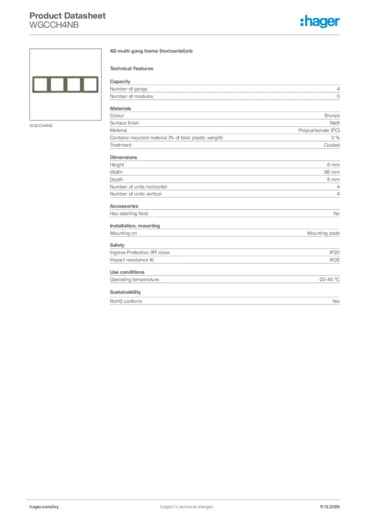 Image Hager Product data sheet WGCCH4NB  | Hager