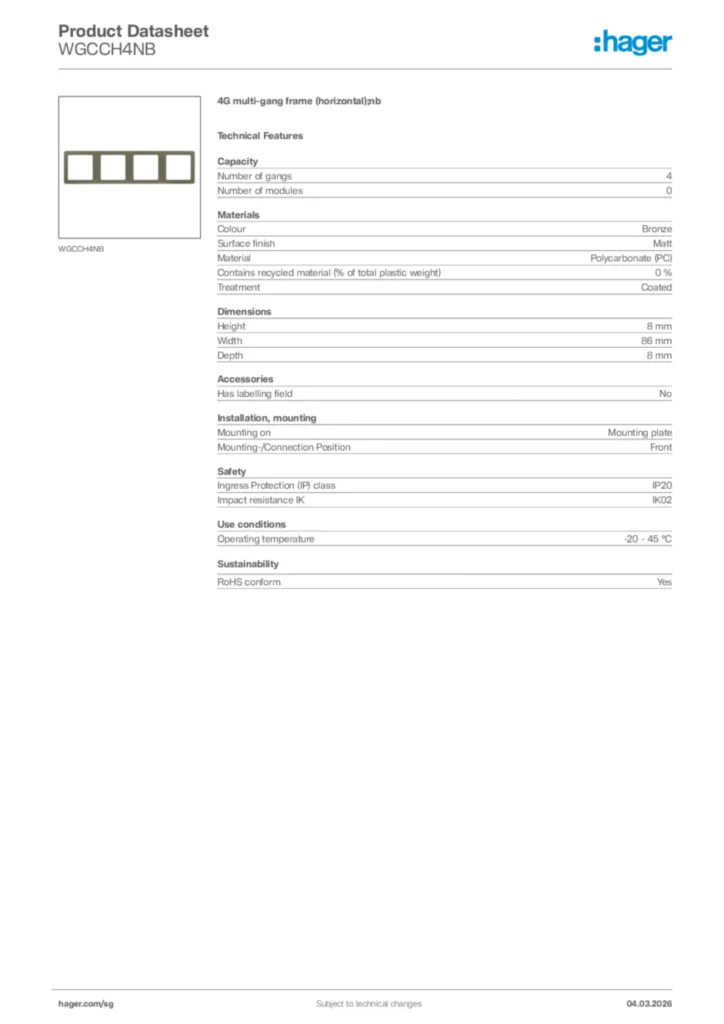 Image Hager Product data sheet WGCCH4NB  | Hager