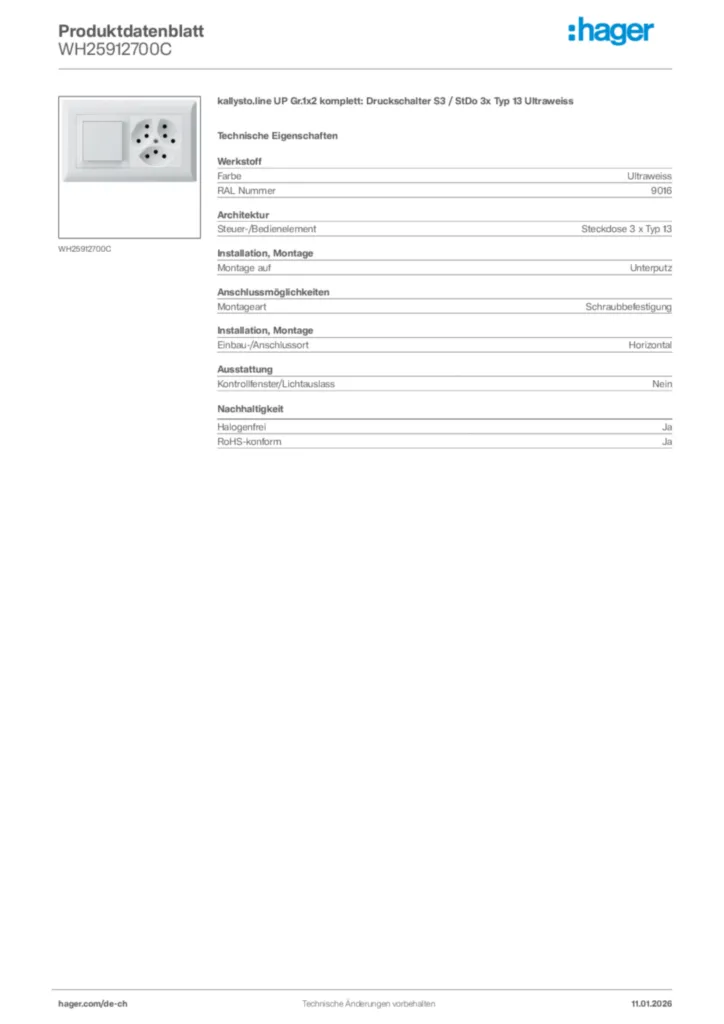 Bild Hager Produktdatenblatt WH25912700C | Hager Schweiz